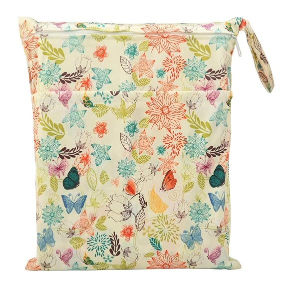 Medium Wet Dry Bag Baby Cloth Diaper Nappy Insert Bag Reusable Washable With Two Zippered Pockets (Bloom)