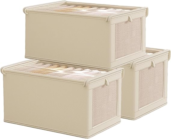 Wardrobe Storage Organiser with Cover - 3Pack Stackable Drawer Organiser with Clear Window, Foldable Fabric Storage Boxes for Clothing Underwear Jeans Pants Shirts Leggings Toy