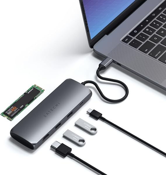 Satechi Hybrid USB-C Multiport Adapter, M.2 SATA SSD Enclosure, Space Gray