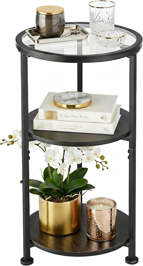 Glass Side Table, 3-Tier Round Side Table with Tempered Glass Top, Black