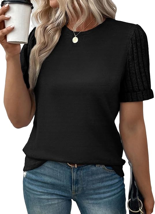 SHEWIN Women's Short Sleeve Summer Tops Crewneck Knit Solid Loose Casual Basic T Shirts Tee Blouses