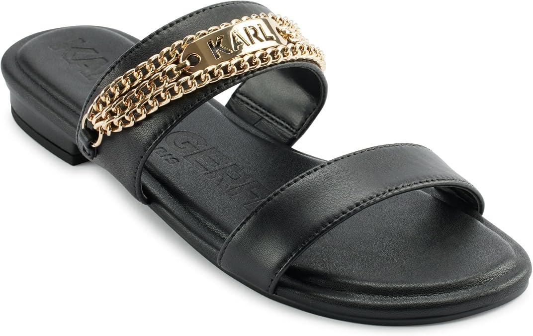KARL LAGERFELD Women's Canne Double Band Flat Sandal With Chain Logo Design