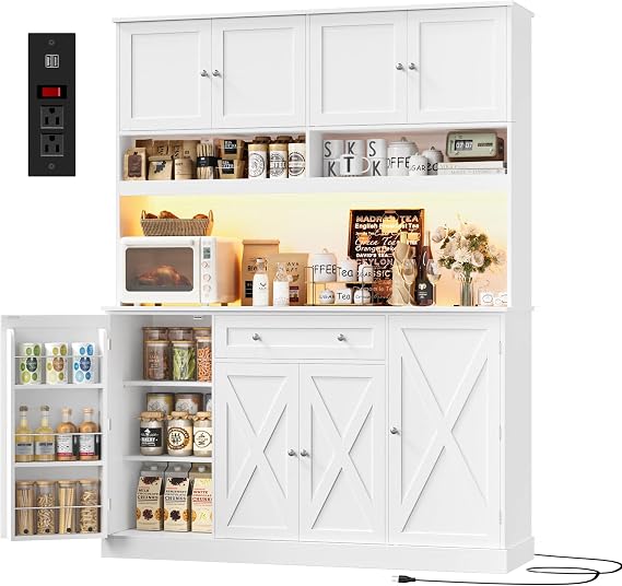 HIFIT 72.8Hx55W Pantry Cabinet with LED & Charging Station, Kitchen Hutch