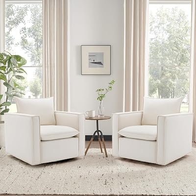 COLAMY Swivel Accent Chair Set of 2, 34 Inches Wide Upholstered Arm Chair with Plump Back Pillow, Modern Sofa Living Room Chair for Bedroom, Corner, Reading Nook-Beige