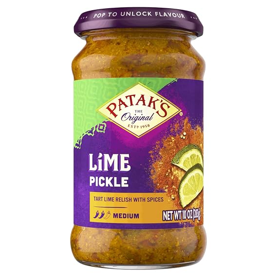 Pataks Medium Lime Pickle - Authentic Indian Pickle Relish w/Lime Dices, Mustard Seeds & Aromatic Spices - Perfect for Sandwiches, Curries & Cold Meats - Indian Pickle - 10oz Jar (Pack of 1)