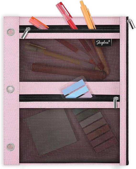 SKYDUE Pencil Pouch for 3 Ring Binder, 11"x9", 3 Pockets and Mesh Window