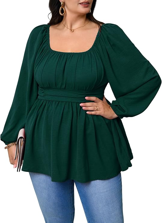 SHESTARR Womens Plus Size Peplum Top Long Sleeve Square Neck Smocked Waist Babydoll Blouse Flowy Dressy Casual Fall Tops