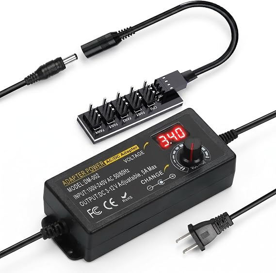 Delinx 3-12V 60W Adjustable Power Adapter with 5-Port Fan Splitter, Speed Controller for 2/3/4-Pin PC Fans, Water Pumps, Router, Cabinet Cooling, AC 100-240V to DC Variable Voltage Regulator