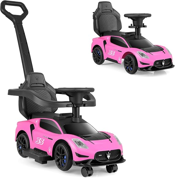 INFANS 3 in 1 Push Car for Toddlers, Licensed Maserati Baby Stroller Sliding Walking Car with Push Handle, Horn, Music, Underneath Storage, Foot-to-Floor Ride on Toys for Boys Girls (Pink)