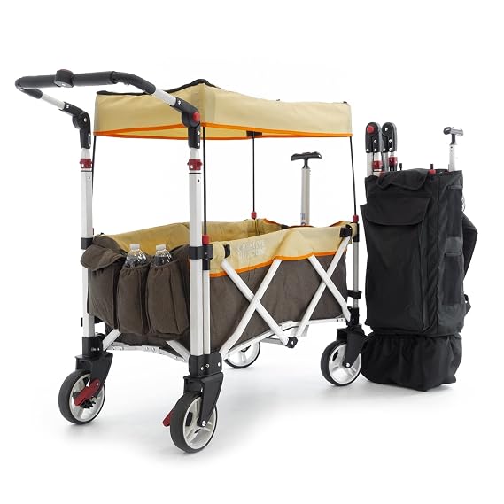 Creative Outdoors Push Pull Ultra Compact Folding Stroller Wagon with Canopy for Camping, Beach, Park, Sporting Events, Supports up to 150lbs, Brown/Tan