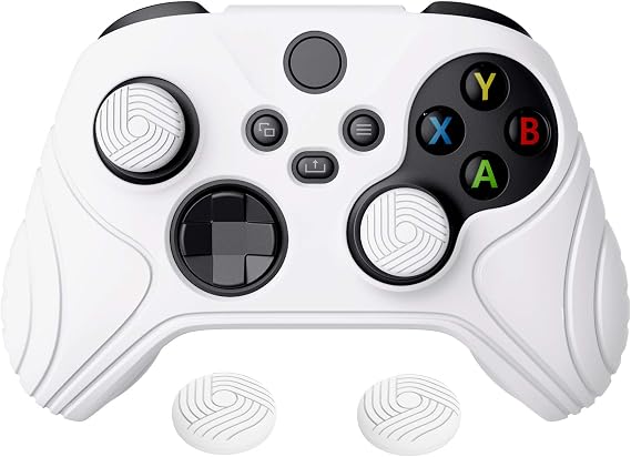 eXtremeRate PlayVital Samurai Edition White Anti-slip Controller Grip Silicone Skin, Ergonomic Soft Rubber Protective Case Cover for Xbox Series S/X Controller Model 1914 with White Thumb Stick Caps