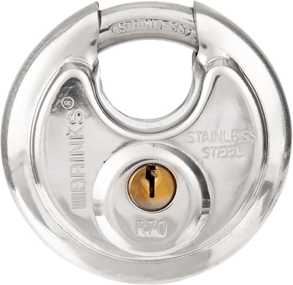 Brinks Heavy Duty Discus Shaped Keyed Padlock, 70mm, Chrome Plated