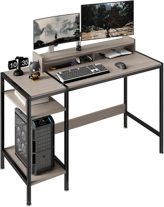 Computer Desk Gaming Desk with Monitor Stand, Home Office Desk for 2 Monitors, Writing Desk with Adjustable Storage Space,Sturdy and Durable Modern Small Desk(Grey 47 inches)