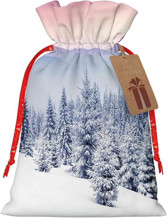 UIANG Winter Christmas Drawstring Gift Bags,Sky and Snow Covered Trees Ski Holiday Season,Xmas Bags with Tags Holiday Gift Bags for Christmas Santa Wrapping Bag for Treat, Goodies, Party,Blue - S