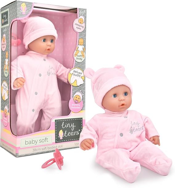 John Adams Tiny Tears Baby Soft Doll 15" (38 cm) - Pale/White Skin | Soft Bodied Baby with Closing Eyes & Dummy | Deluxe Pink Outfit | Cuddly First Doll Set | Toy for Toddlers Age 10 Months+