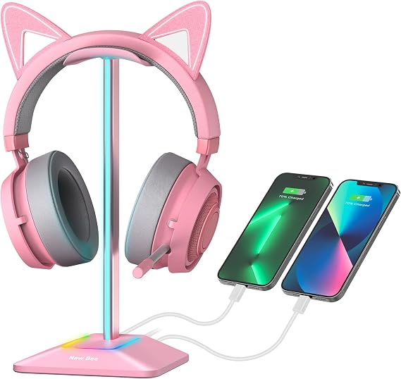 New Bee RGB Headphone Stand Gaming Headset Holder USB Charger Desktop Pink