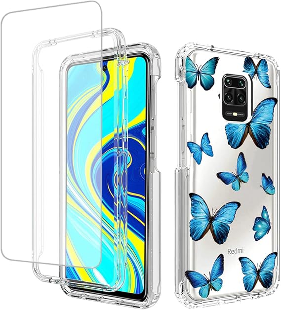 Redmi Note 9 Pro/Note 9 Pro Max/Note 9S/M2 Pro用ケース 強化ガラススクリーンプロテクター付き ソフト360フルボディバンパー クリスタルクリアケースカバー Xiaomi Redmi Note 9S用 ブルーバタフライ