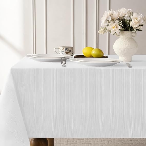 Softalker Jacquard Rectangle Tablecloth - Geometric Line Damask Table Covers Waterproof Stain Resistant Washable Polyester Table Cloths for Indoor & Outdoor(60 x 144 inch,White)
