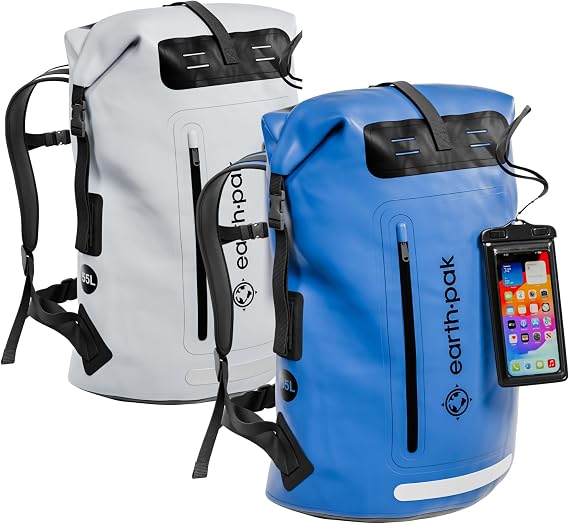 Earth Pak Waterproof Backpack - Heavy Duty Roll-Top Closure with Easy Access Front-Zippered Pocket and Cushioned Padded Back Panel for Comfort with IPX8 Waterproof Phone Case