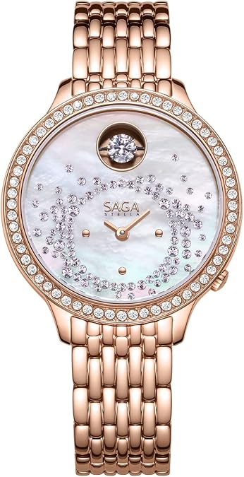 SAGA Luxury Crystal Ladies Quartz Watch, Stainless Steel Crystal-Accented Dress Quartz Watch As Gift for Women Swiss-Quartz Movement