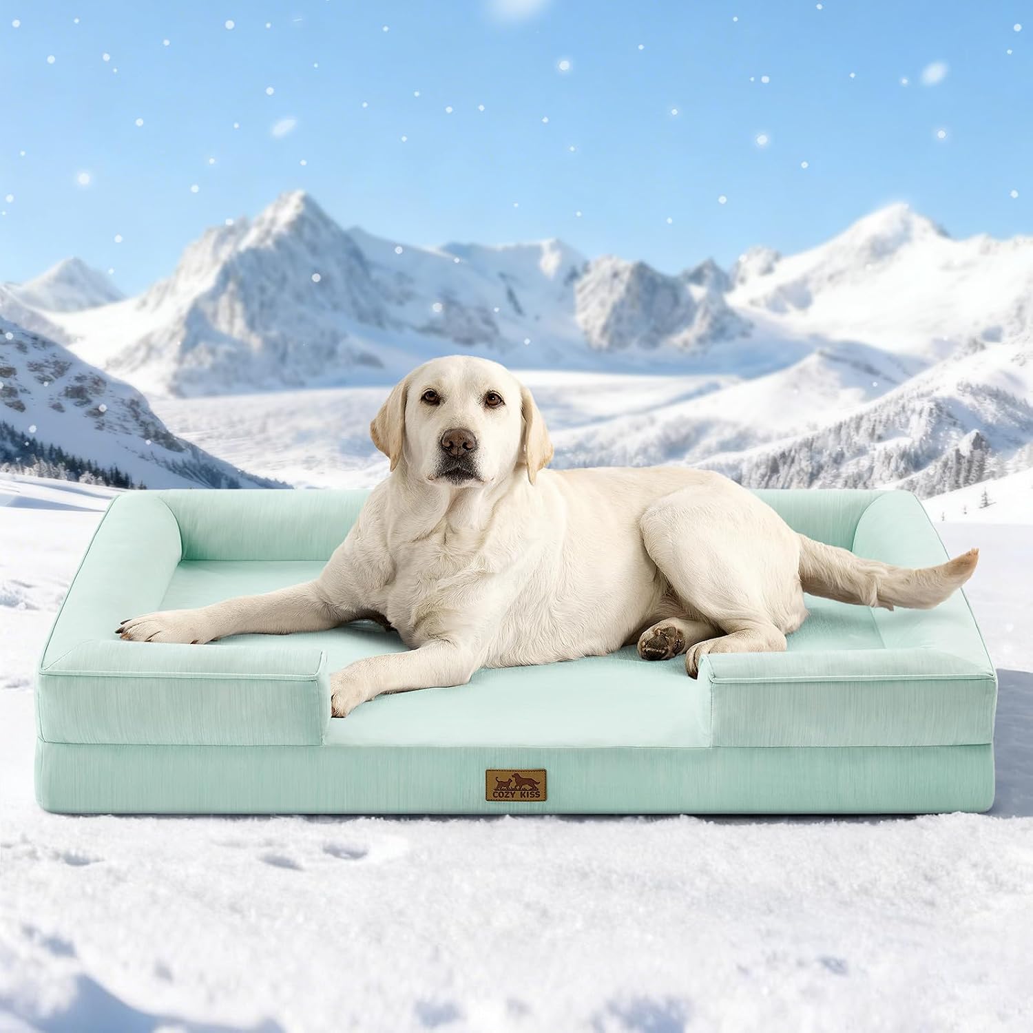 COZY KISS 超大型犬用冷却犬用ベッド Q-Max >0.4 サマー クール 整形外科用フォーム ペットソファベッド サイド付き、ボルスター 滑り止めソファ 洗える取り外し可能なカバー付き、XXL 48x35x7.5インチ、グリーン
