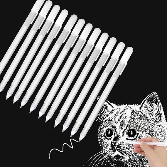 12PCS White Gel Pens 0.8mm Highlighter Archival for Art Colouring Sketching