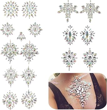 8 Pairs Rhinestone Breast Covers, Resin Rhinestone Pasties, Glitter Crystal Tattoo Jewels, Adhesive Breast Gem, Temporary Chest Sticker, Body Jewelry Sticker, Decoration Pasties for Parties