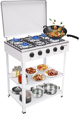 5 Burner Gas Grill, 2.5kw Natural Gas Stove Outdoor Camping BBQ StoveGas Cooker with 2 Tier Storage Rack for Kitchen, RV, Apartment White