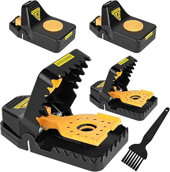 Rat Traps, 4 Pack Super Heavy Duty Instant Kill Traps,Reusable Humane Rat Traps for Mouse Rat Chipmunk,High Sensitive Mice Snap Trap for Indoors and Outdoors,Effective & Safe Rodent (4, Yellow)