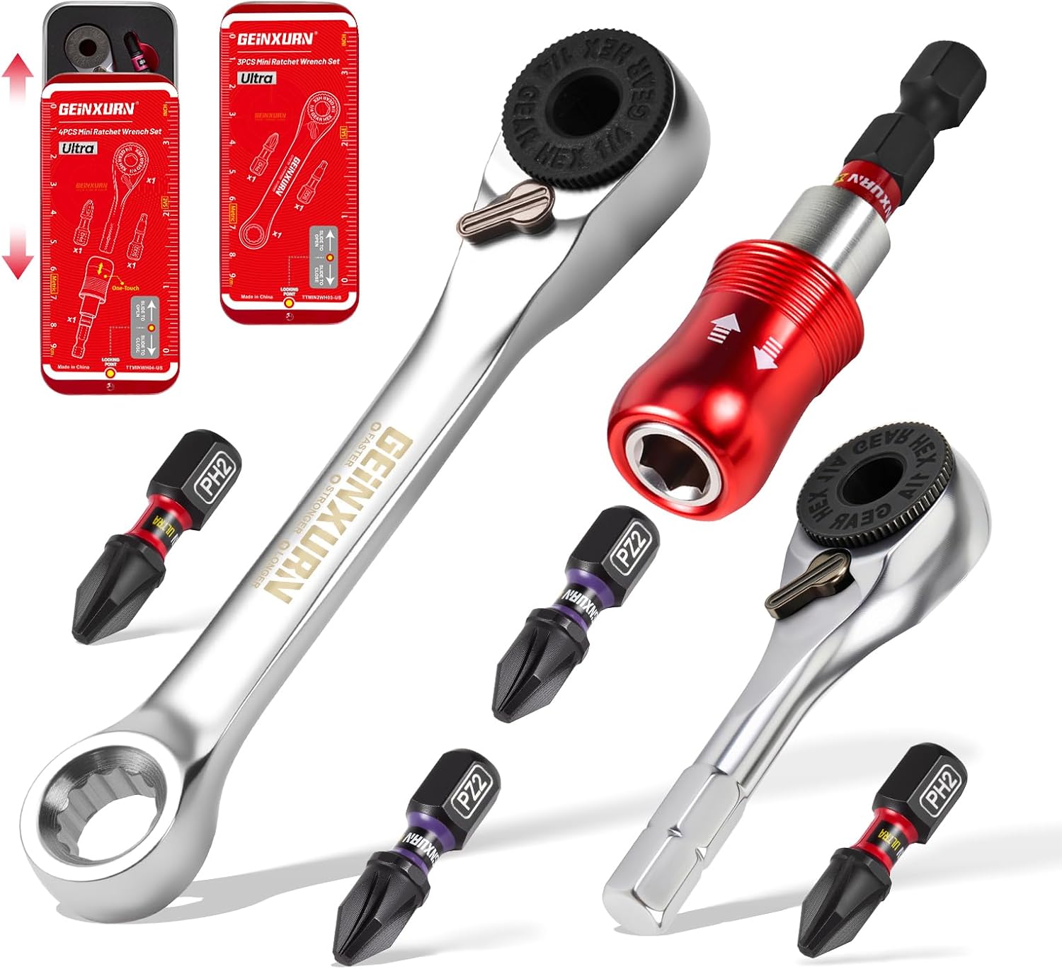 Geinxurn 2 Cases Mini Ratchet Wrench Set, 72 Teeth 1/4 inch Bit Ratchet Socket Wrench For Tight Spaces, with Magnetic Impact Bit Holder and PH2 PZ2 Driver Bits All in Slide Cases, Ideal for Repair DIY