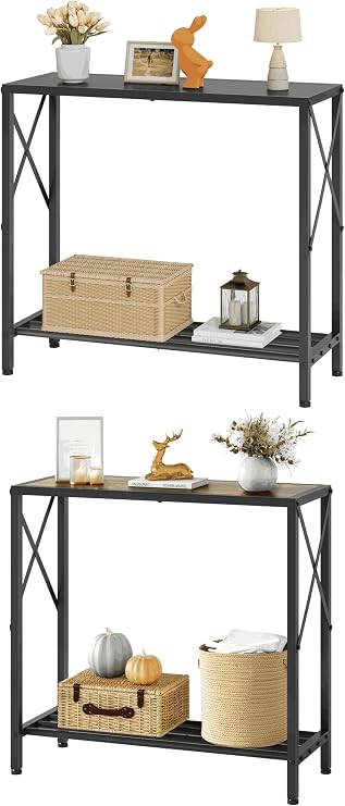 Tajsoon 2-Tier Narrow Console Table Rustic Brown Plus 2-Tier Small Sofa Table Black