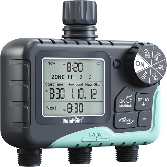 RAINPOINT Water Timer 3 Outlets, Automatic prinkler Timer with Rain Delay/Manual Watering/large LCD display, Garden Smart Irrigation Time for Yard, Lawn