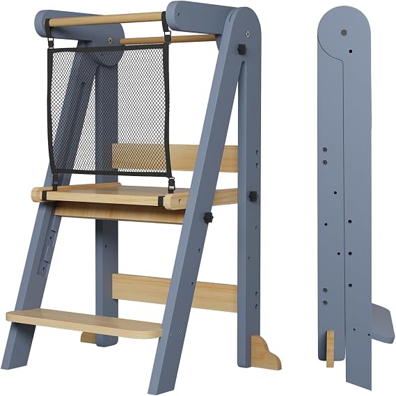 ROOMTEC Foldable Toddler Kitchen Tower, 3 Adjustable Height Wooden Step Stool, Toddler Standing Tower with Safety Net (Gray)