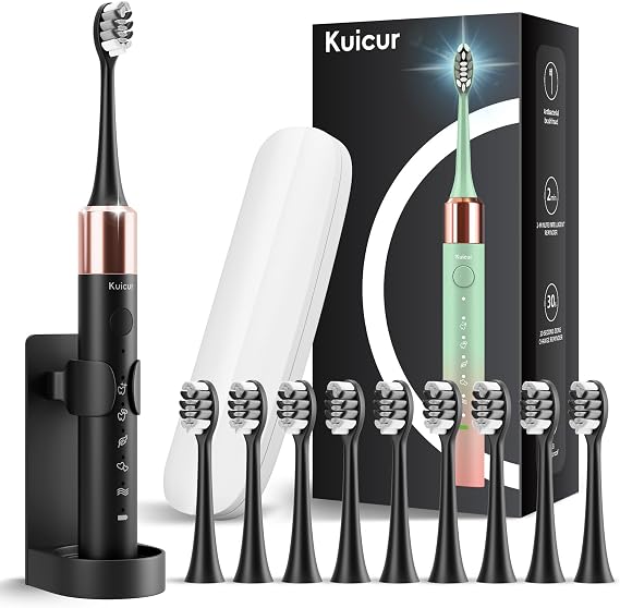 Kuicur Sonic Electric Toothbrush for Adults and Kids,  with 10 Brush Heads & Travel Case, 5 Modes with 2 Minutes Built in Smart Timer, One Charge for 90 Days, 42,000 VPM Motor (Black)