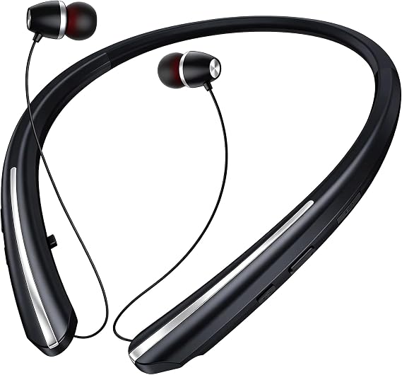 Bluetooth Headphones Neckband, Retractable Headset Wireless Sports Earbuds Noise Cancelling Stereo Earphones with Microphone, IPX5 Sweatproof, Compatible with iPhone Android (Black)
