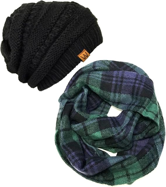 Bowbear Tartan Winter Infinity Scarf with Beanie