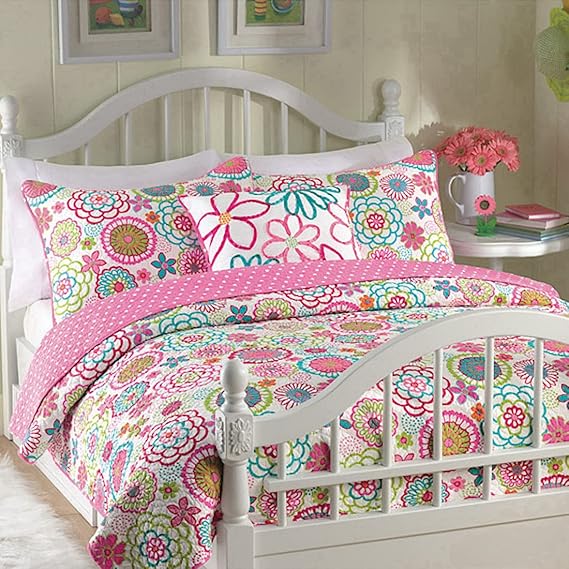 Cozy Line Home Fashions Pink Floral Polka Dot Colorful Reversible Quilt Bedding Set, Coverlet, Bedspreads for Girls (Mariah, Twin - 2 Piece)