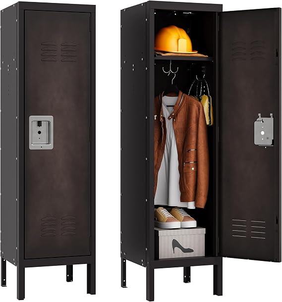 SISESOL Vintage Metal Locker with Hooks,Lockable 1 Door Storage Locker,Retro Black Single Lockers for Employees,Steel Locker for Home, Office,Gym,Old School Lockers Storage