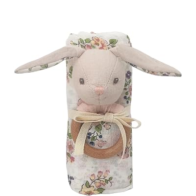 Floral Muslin And Bunny Wood Rattle Gift Set