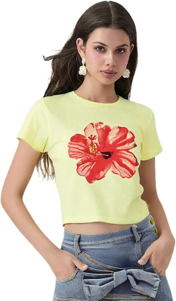 Y2k Graphic Baby Tees Women Teen Girl Floral Print Crop Top Short Sleeve Slim Fit Vintage Aesthetic T Shirt Clothes
