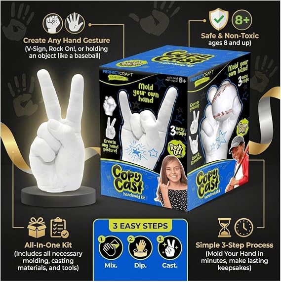 Hand Casting Kit, DIY Hand Mold Kit for Kids, Fun Craft Gift for Boys & Girls, Fast-Curing, Non-Toxic, Water-Based Material, USA Made, Ages 13+
