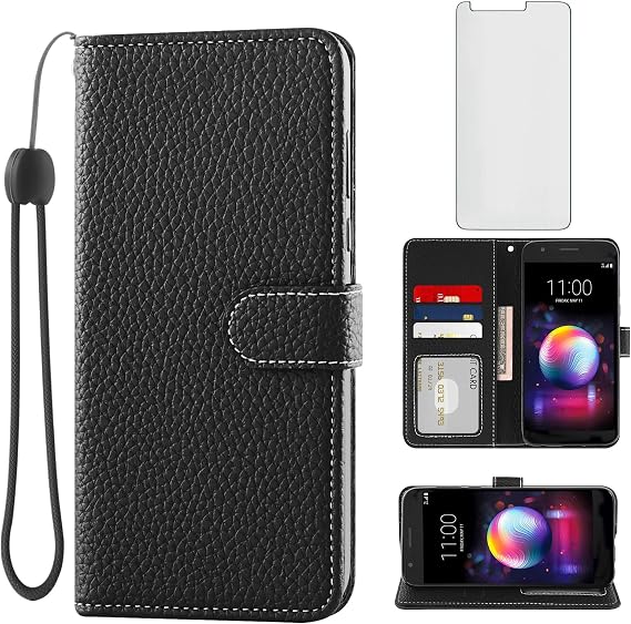 Asuwish Phone Case for LG K30 2018/Premier Pro LTE/Phoenix Plus/Harmony 2/K10/K11/Xpression with Screen Protector and Wallet Cover Card Holder Slot Stand Flip LGK30 K 30 30K LMX410 LM Women Men Black