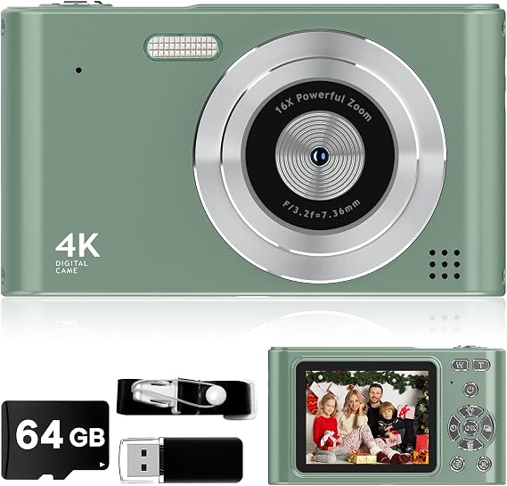 Digital Camera - 1080P Vlog Camera, 44MP Compact, 16X Zoom, Anti-Shake, Green Gift for Kids