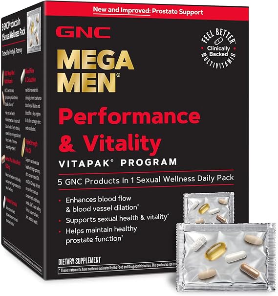 GNC Mega Men Performance and Vitality Vitapak Program for Men, Convenient Complete Nutrition, 5 Products in 1 Pack, Circulation, Blood Flow, Stronger Drive - New & Improved - 30 Packs