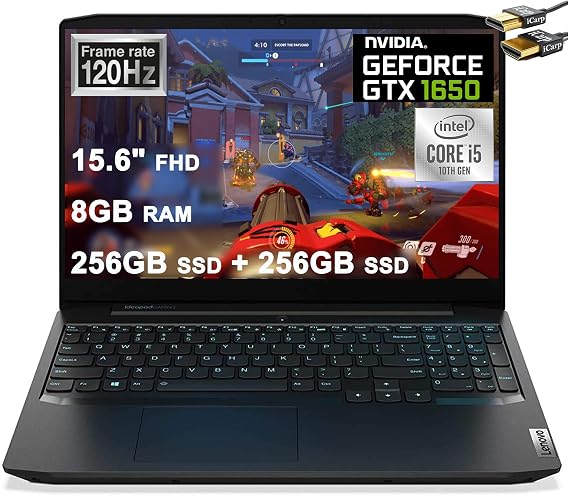 Lenovo Ideapad 3 Gaming Laptop 15.6 FHD IPS 120Hz Intel Quad-Core i5-10300H Beats i7-8850H 8GB DDR4 256GB SSD  256GB SSD GTX 1650 4GB Backlit KB USB-C Dolby Win10  HDMI Cable