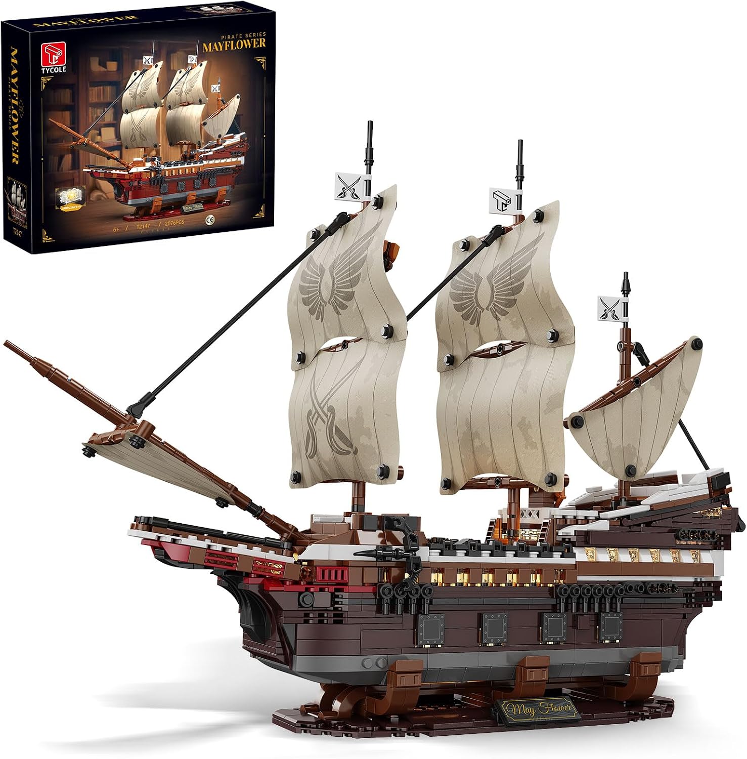 TYCOLE Pirate Ship Building Set with Lights - Mayflower Ship Model Toy, Great Home&Office Decoration for Pirates Fans, Idea Choice for Adults and Boys Aged 8-14 as Birthday, Christmas Gifts(2076PCS)