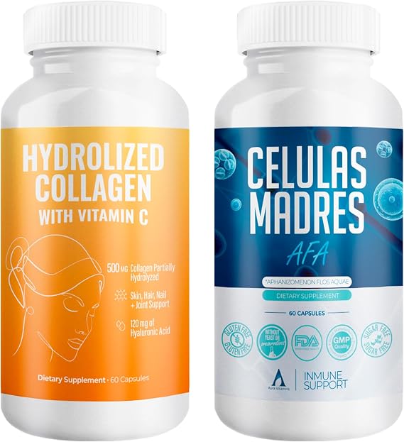 Aura Vitamin Mega Antioxidant Bundle | Hydrolyzed Collagen & AFA Stem Cell | Hydrolyzed Collagen with Vitamin C, Aphanizomenon Flos-Aquae | Celula Madre Skin, Hair and Nail Support 60 Each Caps (1)