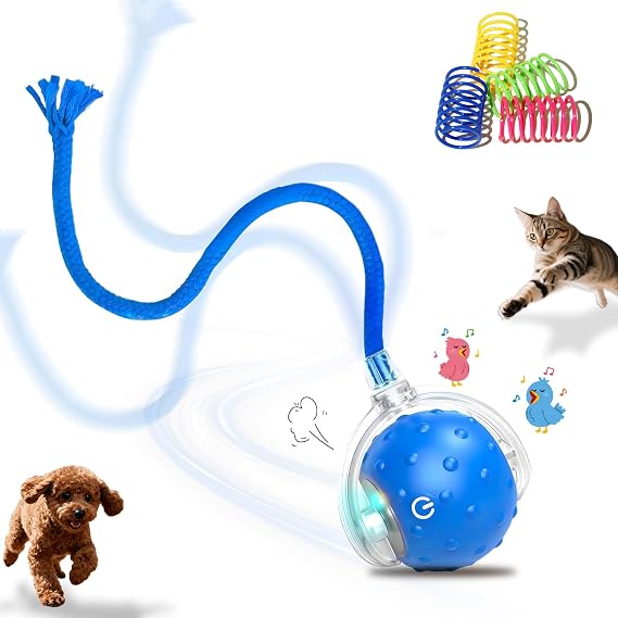 Interactive Cat Toys Ball for indoor Cats&Dog,Automatic Cat Toy with Smart Obstacle Avoidance,Bird Chirps & Auto Wake-Up,Includes 4 Cat Spiral Spring,Cat Enrichment Toys for Indoor Cats(Blue)