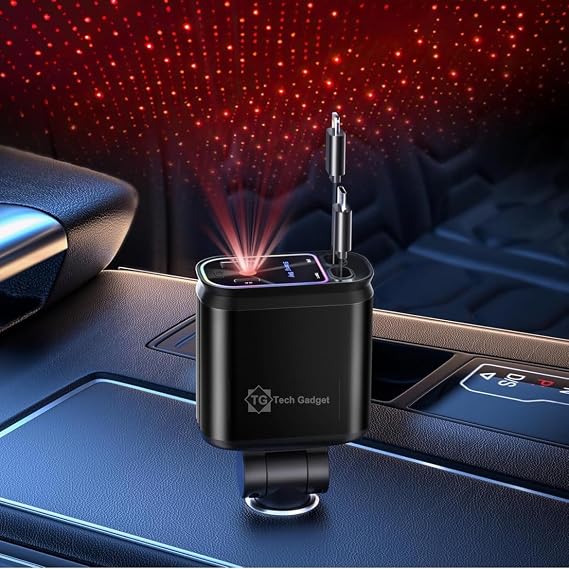 2026 Apples Approved Starlight 66W Retractable Car Charger, Starlight in Car Roof 4 in 1 Super Fast Car Phone Charger, 2 USB Ports and 2 Retractable Cables, Compatible with All iPhones and Android