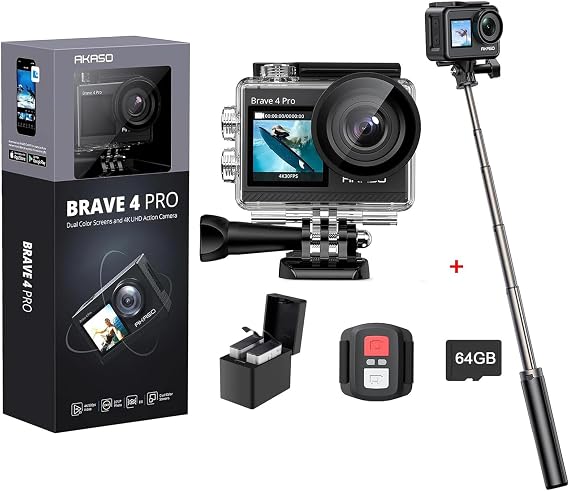 AKASO Brave 4 Pro Action Camera with 64GB Card and 60cm Selfie Stick Tripod Bundle
